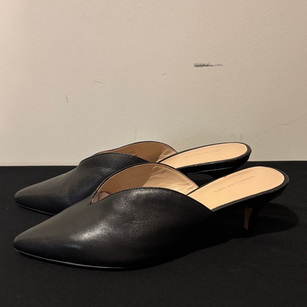 Something Navy Black Leather Pointed-Toe Slip-On Mules